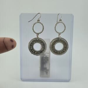 Silver Tone Rhinestone Circle Drop Earrings Boho Statement Dangle Vintage Style